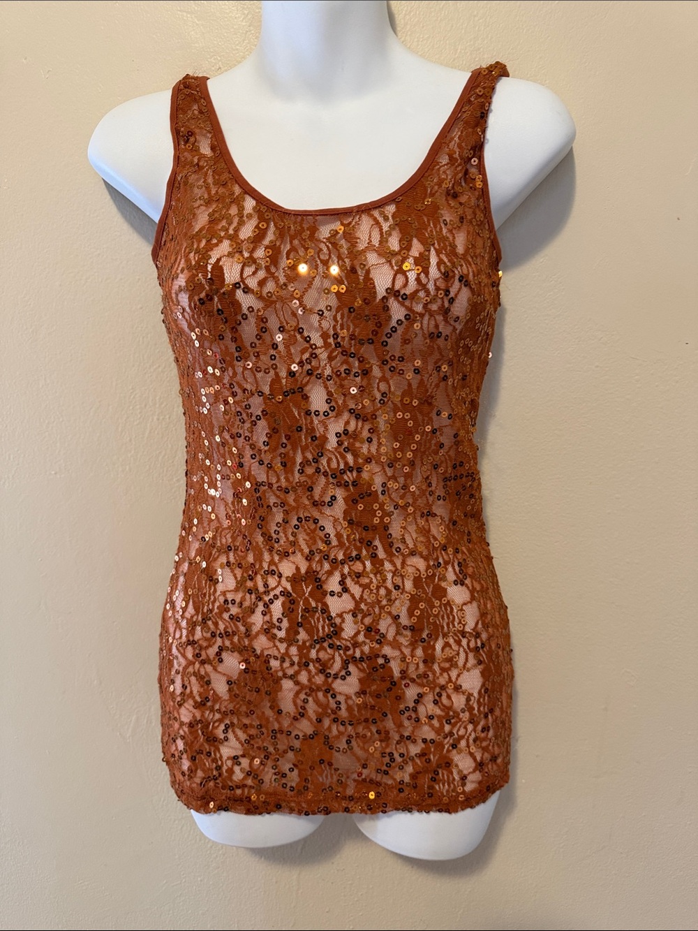 BKE Rust Sequin Lace Tank Top
